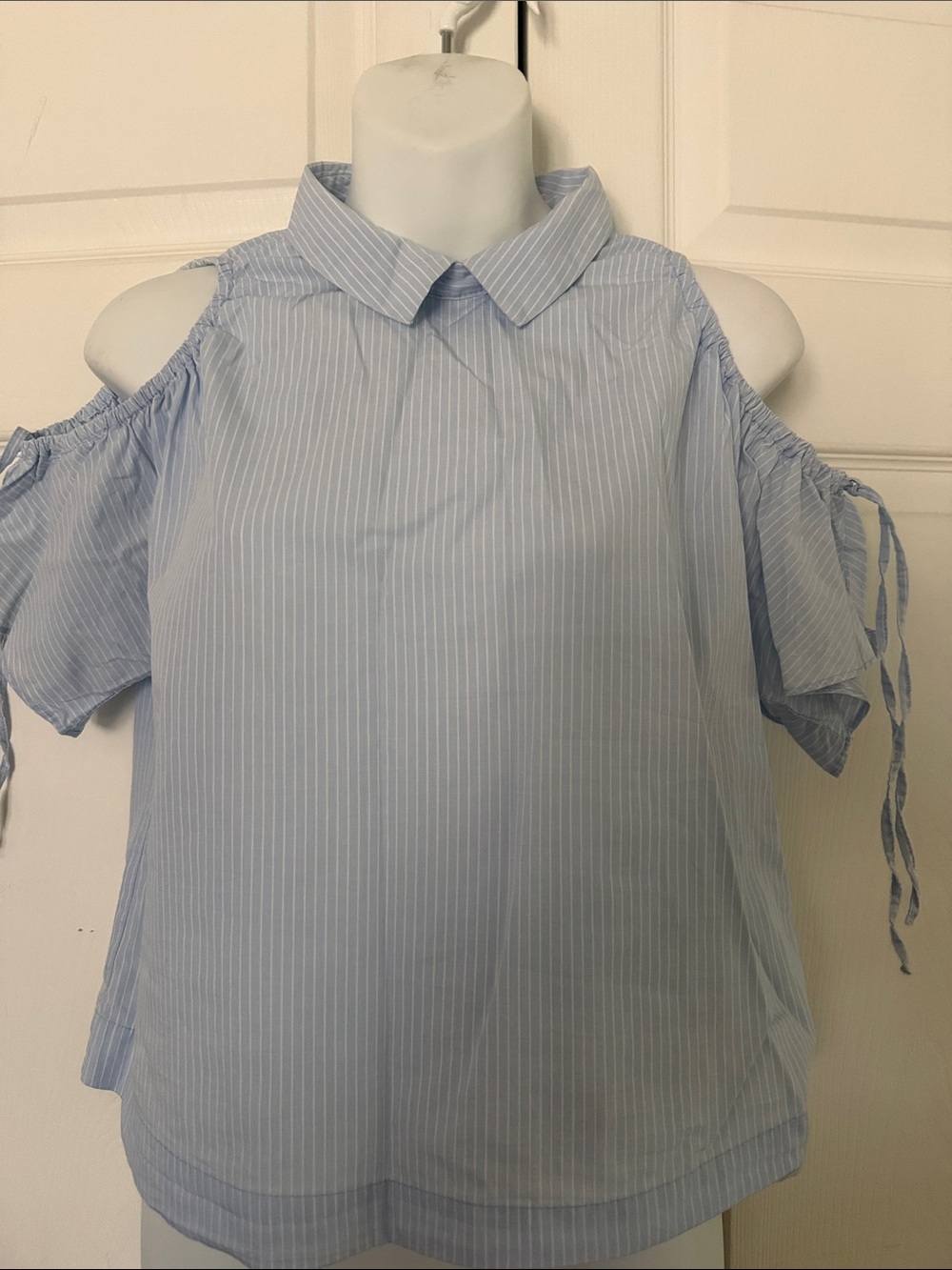 Zara Light Blue Pinstripe Cold-Shoulder Blouse with Tie Sleeves